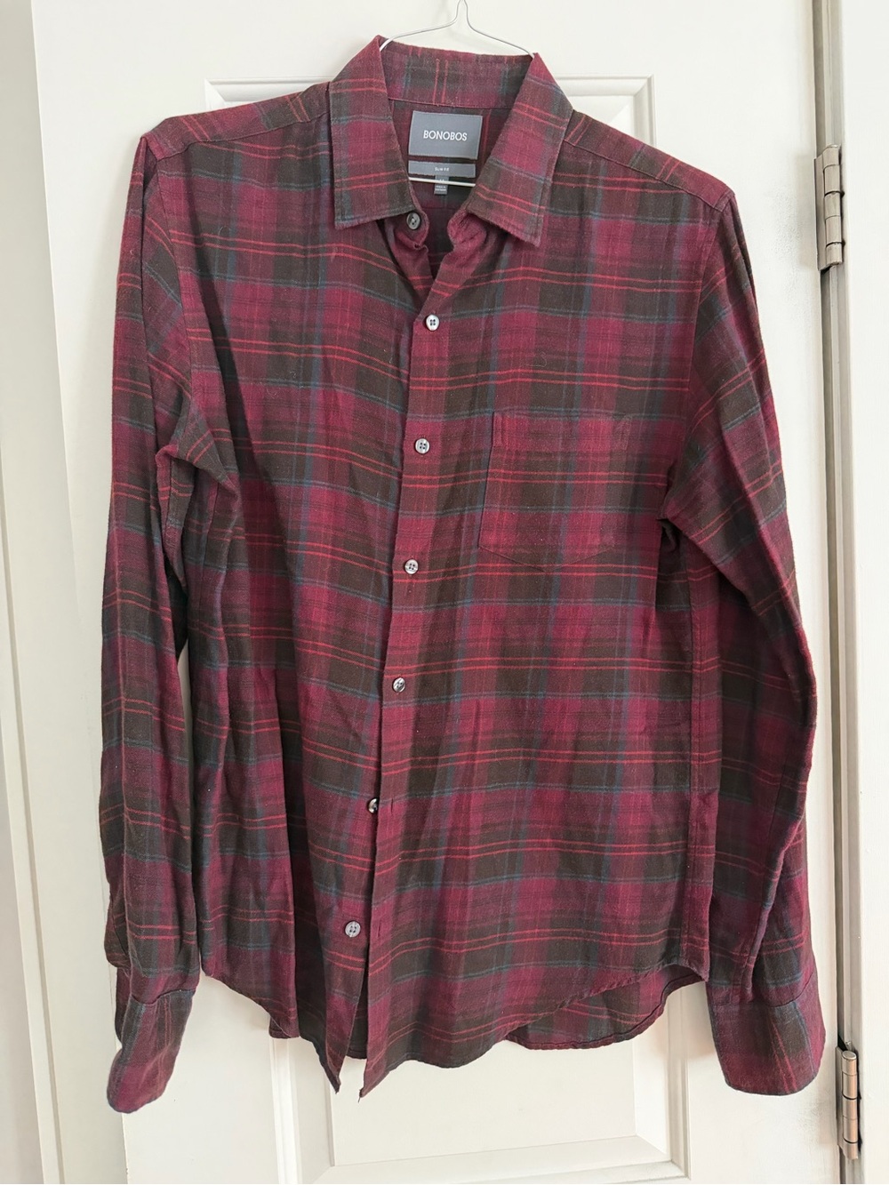 Bonobos Men's Burgundy and Green Plaid Button-Down Shirt